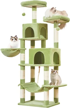 Taoqimiao Cat Tree, 66.2-Inch Cat Tower for Indoor Cats, Plush Multi-Level Cat Condo with 12 Scratching Posts, 2 Perches, 2 Caves, Hammock, 2 Pompoms, MS013GR Green