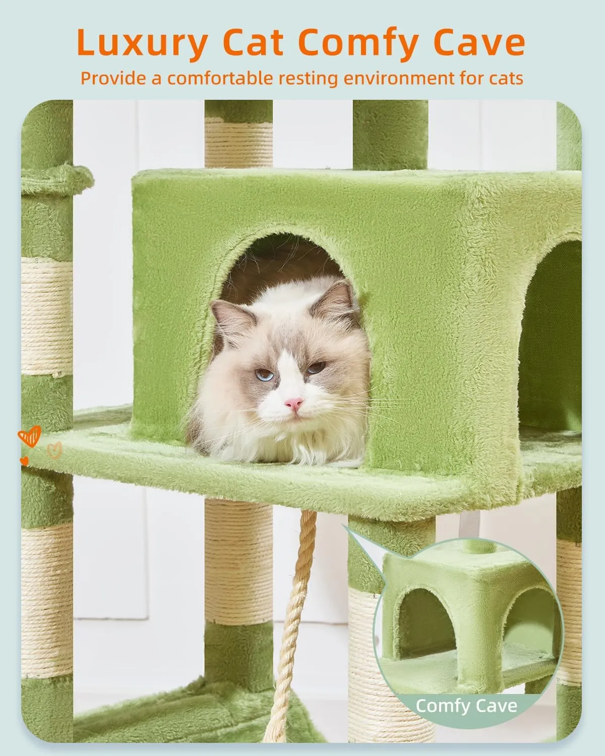 Taoqimiao Cat Tree, 66.2-Inch Cat Tower for Indoor Cats, Plush Multi-Level Cat Condo with 12 Scratching Posts, 2 Perches, 2 Caves, Hammock, 2 Pompoms, MS013GR Green