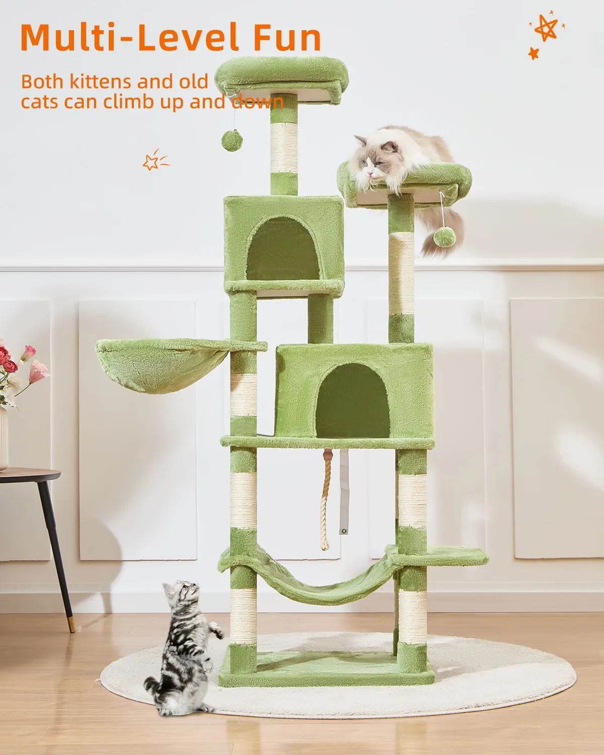 Taoqimiao Cat Tree, 66.2-Inch Cat Tower for Indoor Cats, Plush Multi-Level Cat Condo with 12 Scratching Posts, 2 Perches, 2 Caves, Hammock, 2 Pompoms, MS013GR Green