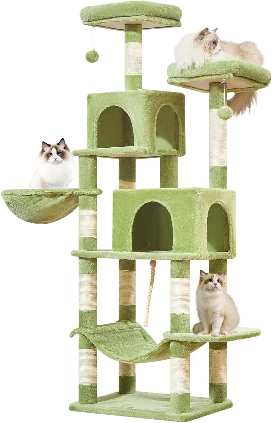 Taoqimiao Cat Tree, 66.2-Inch Cat Tower for Indoor Cats, Plush Multi-Level Cat Condo with 12 Scratching Posts, 2 Perches, 2 Caves, Hammock, 2 Pompoms, MS013GR Green