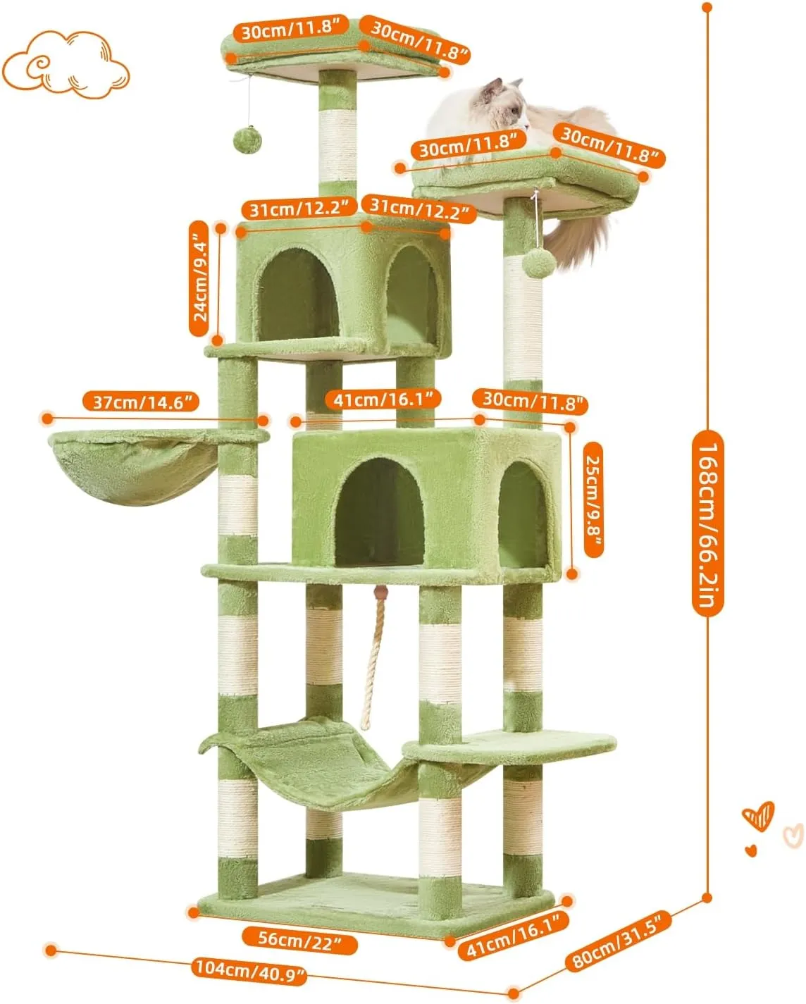 Taoqimiao Cat Tree, 66.2-Inch Cat Tower for Indoor Cats, Plush Multi-Level Cat Condo with 12 Scratching Posts, 2 Perches, 2 Caves, Hammock, 2 Pompoms, MS013GR Green