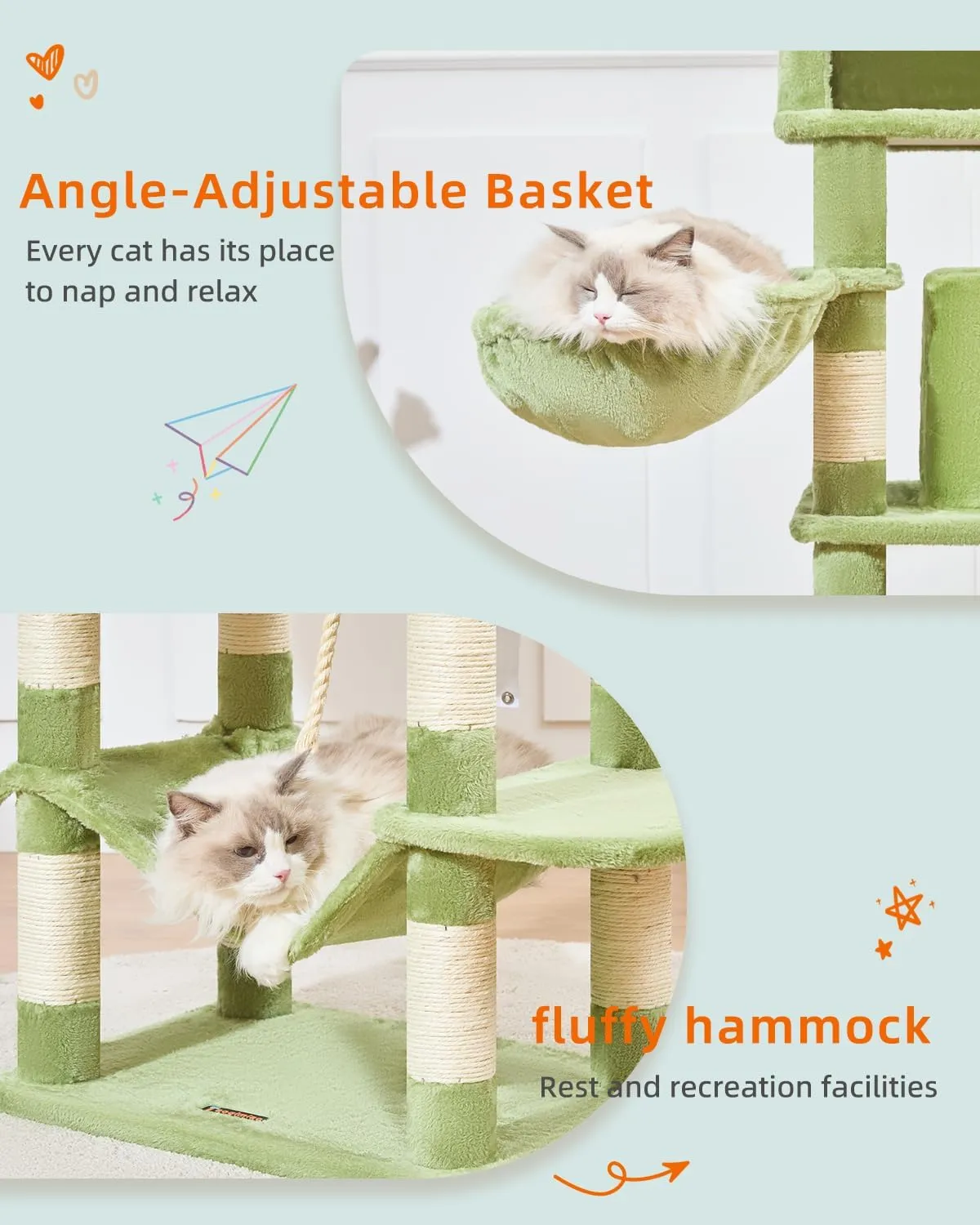 Taoqimiao Cat Tree, 66.2-Inch Cat Tower for Indoor Cats, Plush Multi-Level Cat Condo with 12 Scratching Posts, 2 Perches, 2 Caves, Hammock, 2 Pompoms, MS013GR Green