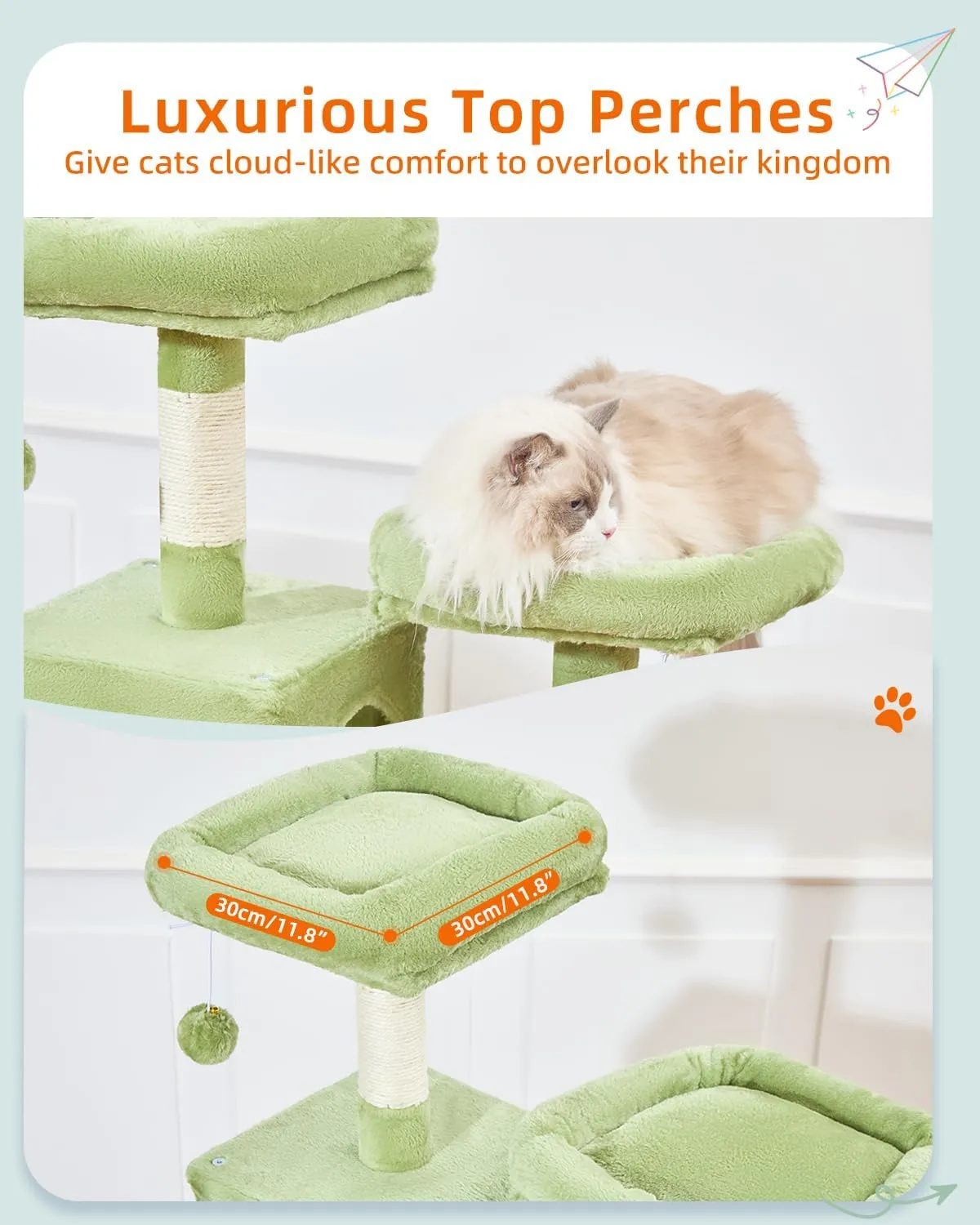 Taoqimiao Cat Tree, 66.2-Inch Cat Tower for Indoor Cats, Plush Multi-Level Cat Condo with 12 Scratching Posts, 2 Perches, 2 Caves, Hammock, 2 Pompoms, MS013GR Green