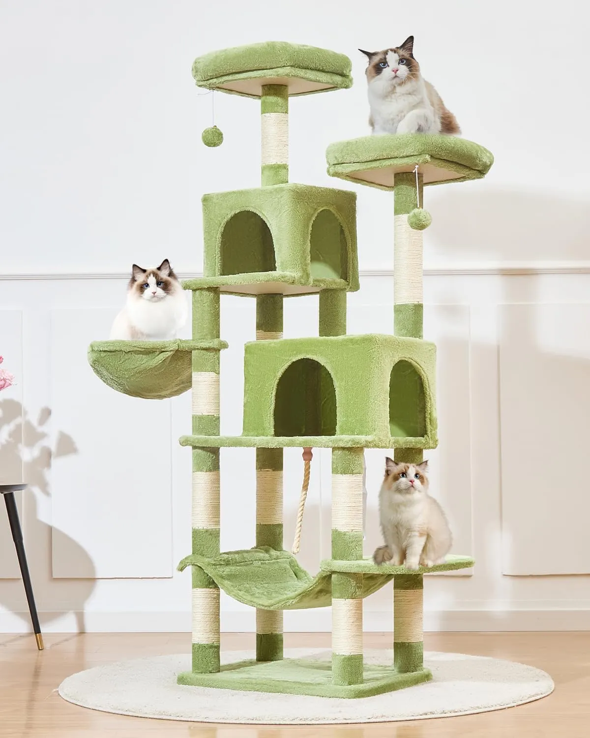 Taoqimiao Cat Tree, 66.2-Inch Cat Tower for Indoor Cats, Plush Multi-Level Cat Condo with 12 Scratching Posts, 2 Perches, 2 Caves, Hammock, 2 Pompoms, MS013GR Green