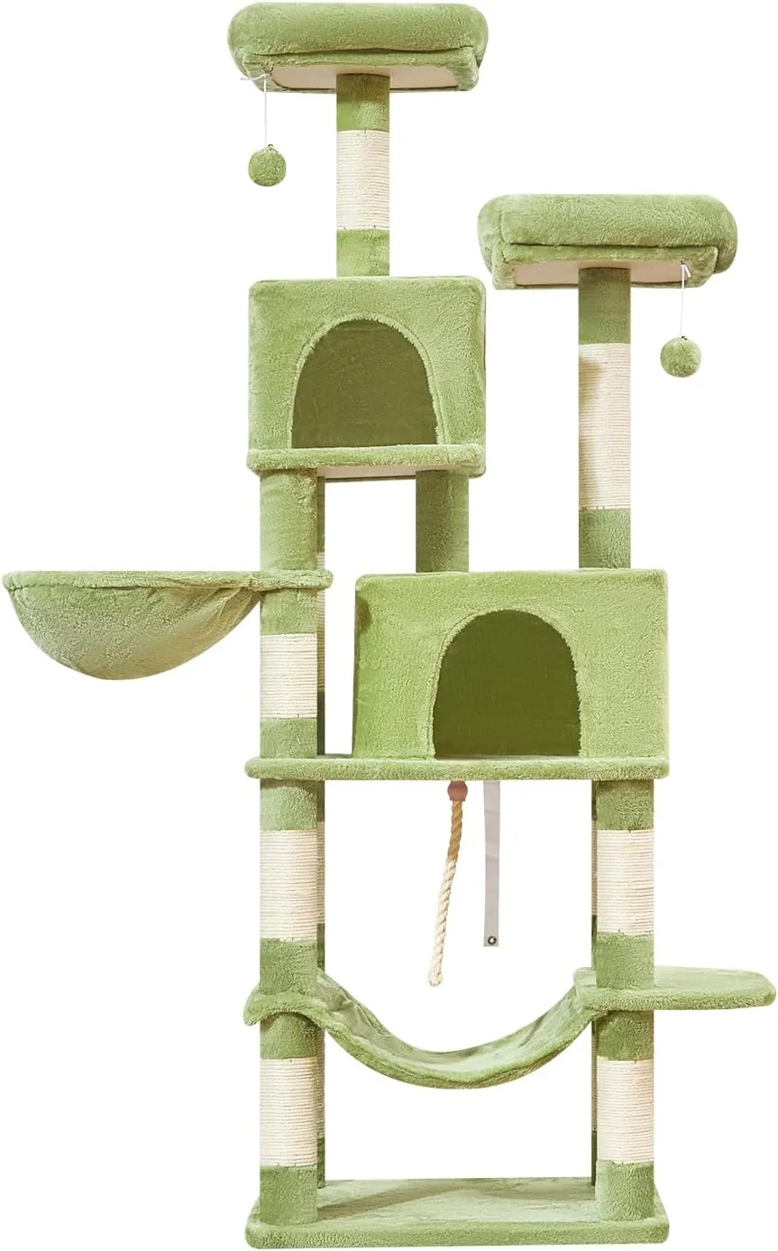 Taoqimiao Cat Tree, 66.2-Inch Cat Tower for Indoor Cats, Plush Multi-Level Cat Condo with 12 Scratching Posts, 2 Perches, 2 Caves, Hammock, 2 Pompoms, MS013GR Green