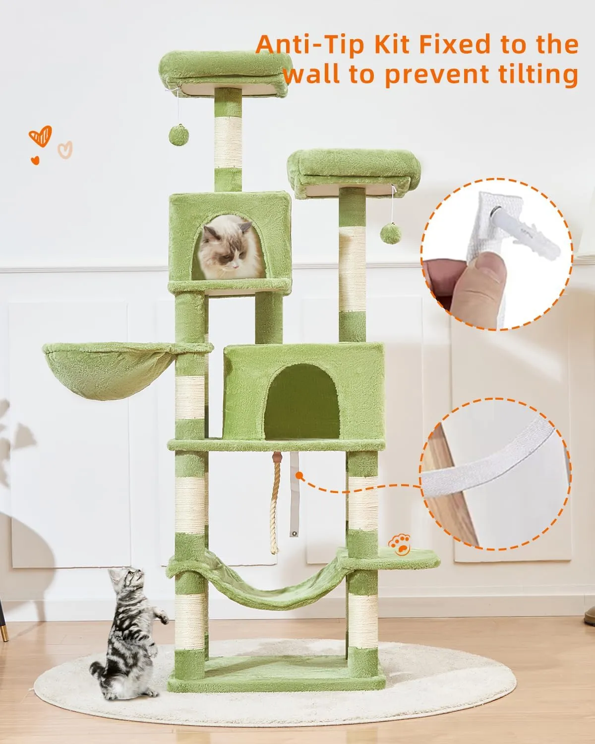 Taoqimiao Cat Tree, 66.2-Inch Cat Tower for Indoor Cats, Plush Multi-Level Cat Condo with 12 Scratching Posts, 2 Perches, 2 Caves, Hammock, 2 Pompoms, MS013GR Green