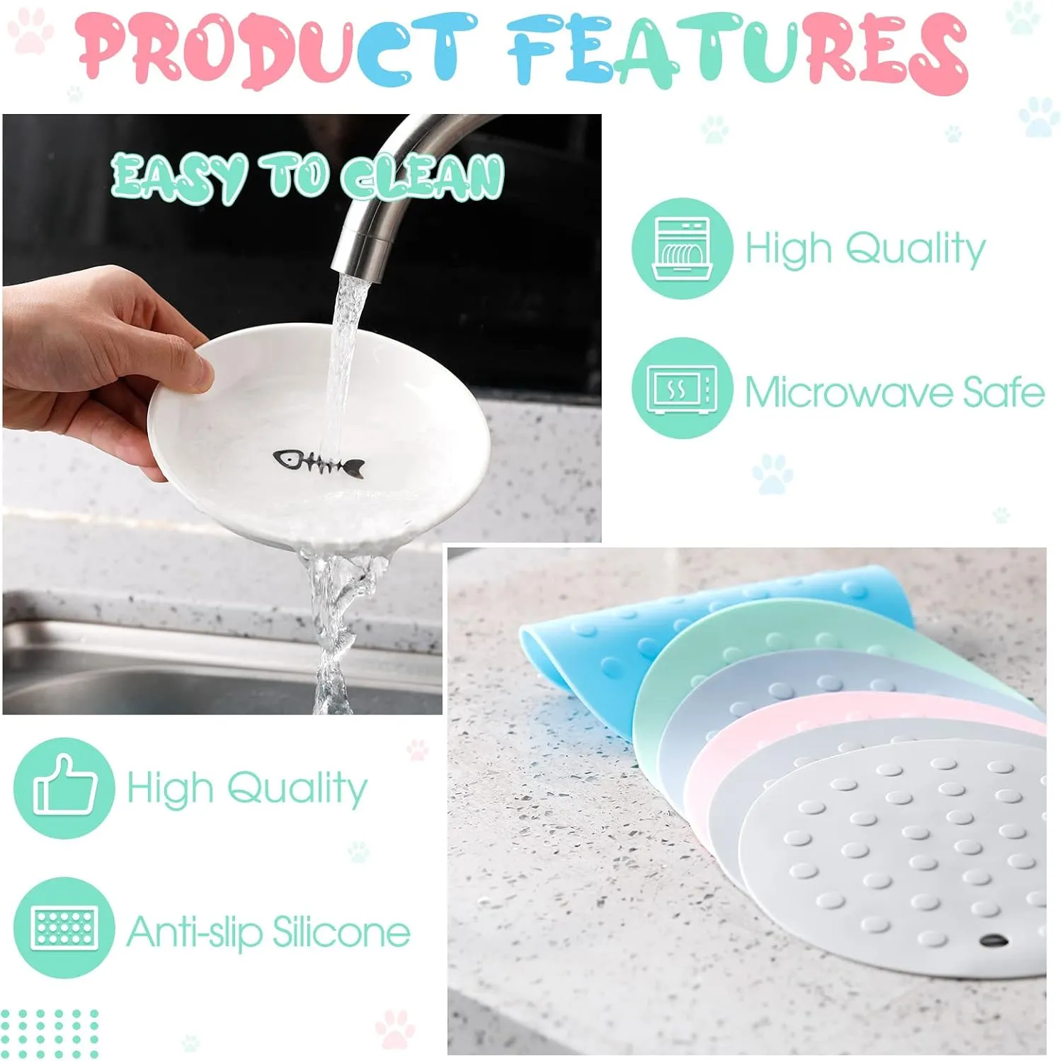 Thenshop 6 Pcs Whisker Fatigue Cat Bowls with 6 Pcs Silicone Anti Slip Mats, 6 Inch Ceramic Cat Plates Wet Food and Water Bowls, Wide Shallow Food Dishes for Feeding Kittens Small Pets(Fishbone)