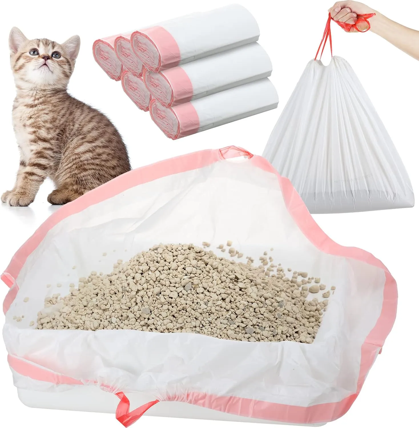 Thenshop 60 Count Jumbo Cat Pan Liners 36'' x 18'' Extra Large Disposable Cat Bags Drawstring Supplies Extra Large Disposable Litter Bags Box Liners for Trash Waste(Pink)