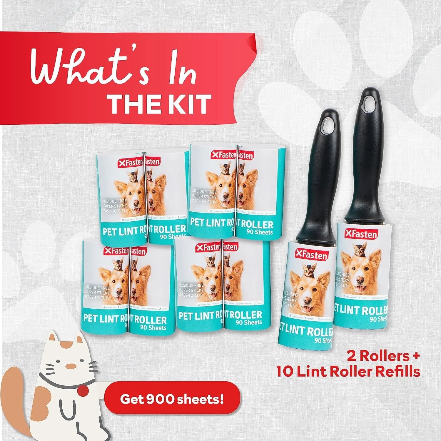 XFasten Lint Rollers for Pet Hair Extra Sticky (900 Sheets/10 Refills/2 Upgrade Handles) Heavy Duty Lint Roller for Pet Hair Clothes Portable Lint Remover Brush Pet Hair Remover for Dog Cat Furniture