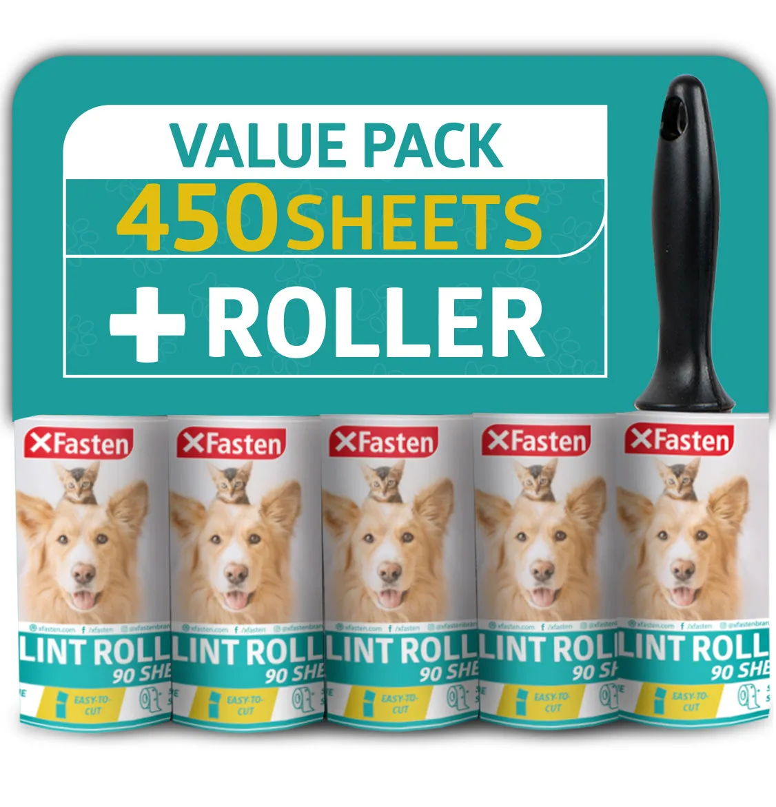 XFasten Pet Hair Lint Roller 1 Roller   5 Refill Rolls (90 Sheets Each)