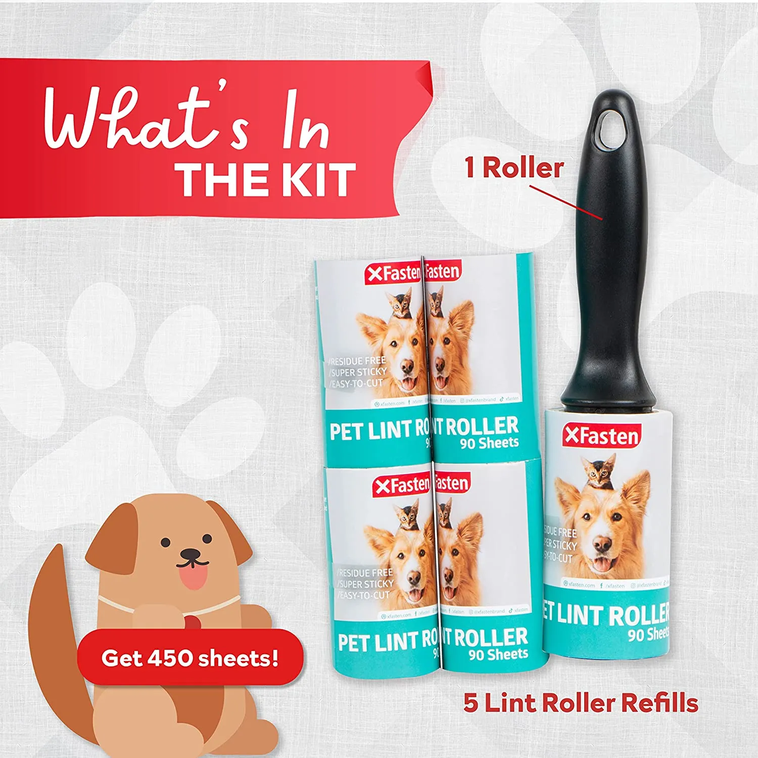 XFasten Pet Hair Lint Roller 1 Roller   5 Refill Rolls (90 Sheets Each)