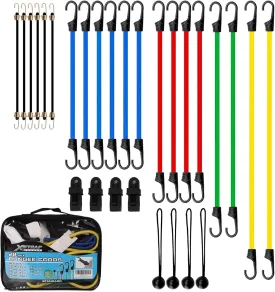 XSTRAP STANDARD Bungee Cords Assortment Bag 28 Pieces - Includes 18, 24, 32, 40 Bungee Cords and 6 pcs 10'' Mini Bungees, 4 pcs 9'' Ball Ties, 4 pcs Tarp Clips