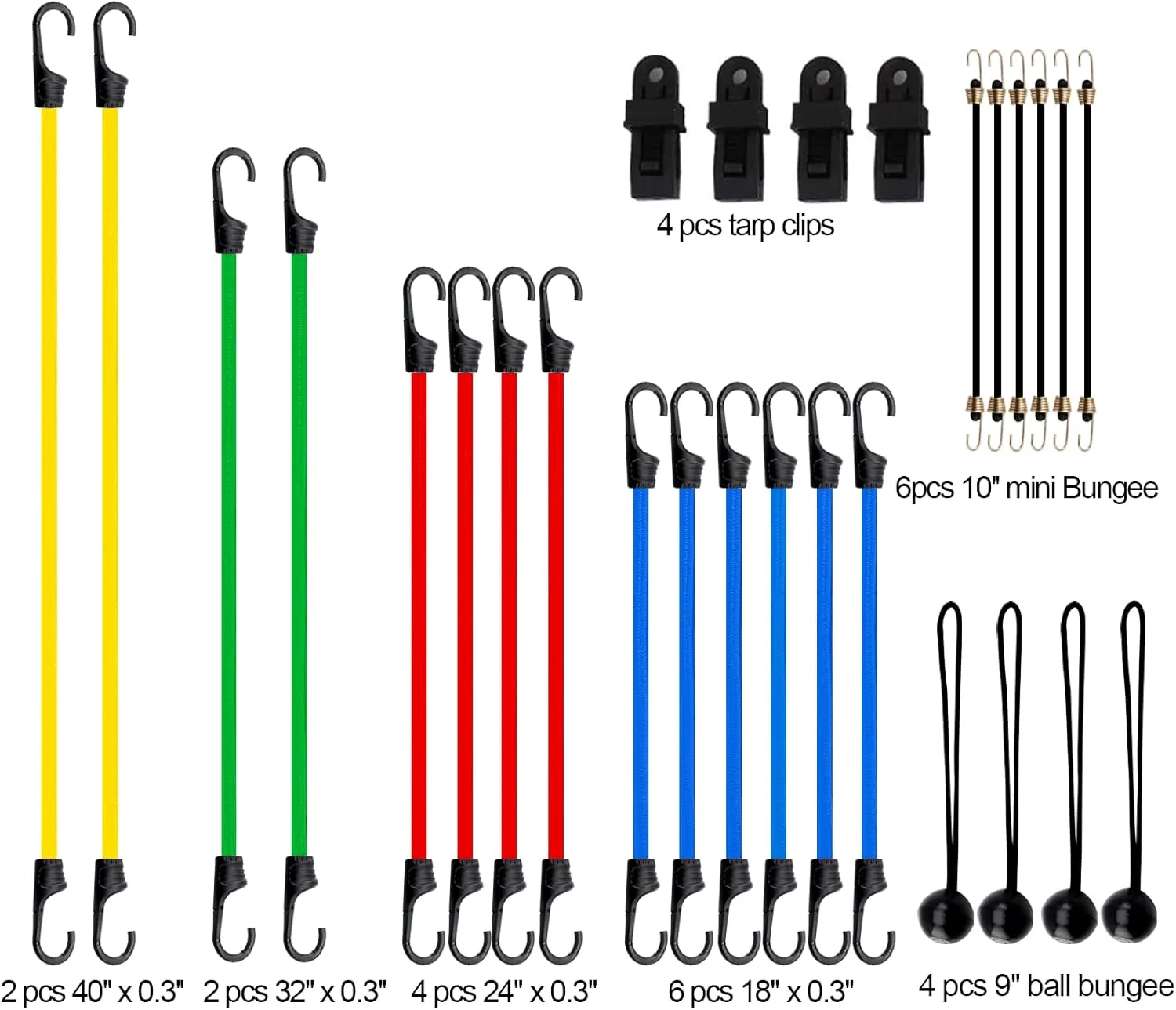 XSTRAP STANDARD Bungee Cords Assortment Bag 28 Pieces - Includes 18, 24, 32, 40 Bungee Cords and 6 pcs 10'' Mini Bungees, 4 pcs 9'' Ball Ties, 4 pcs Tarp Clips
