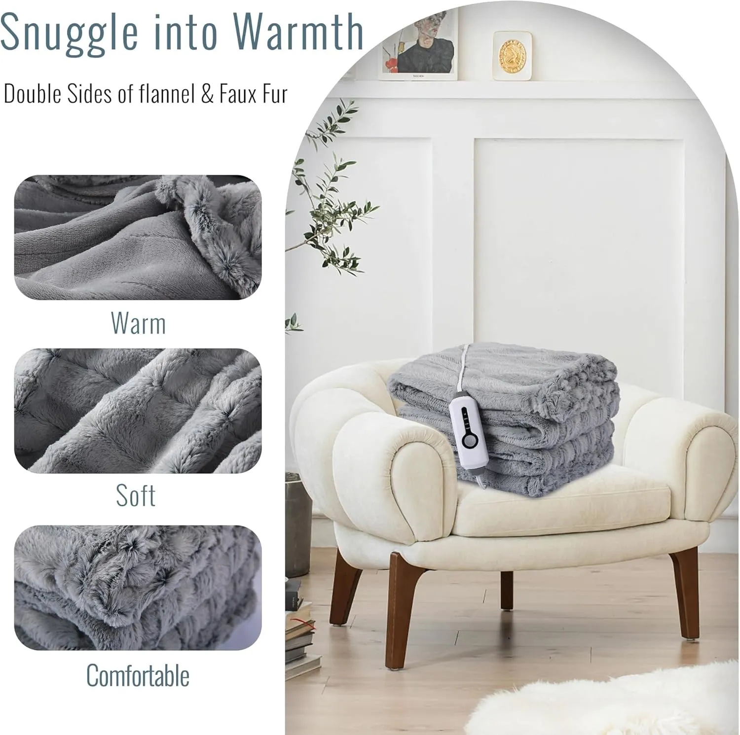 YAKEE Electric Heated Blanket Full Size 72"x 84", 4 Fast Heating Levels, 10H Auto Off, Super Soft Faux Fur Electric Blanket, Overheat Protection, Gray